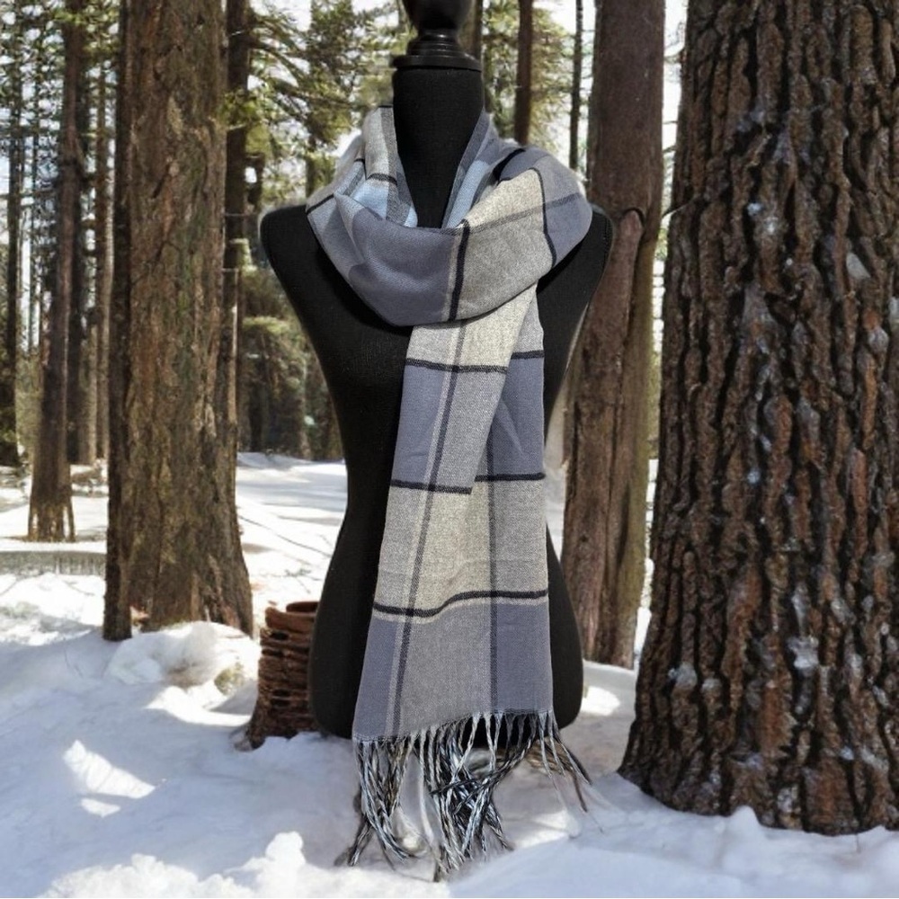 Super SoftDouble sided Plaid & Checked Pattern Blue Toned Long Scarf NEW - Picture 14 of 17